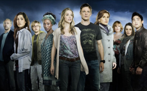 DAY ONE -- Pictured: Pictured: (l-r) Xander Berkeley as Clark, Carly Pope as Bonnie Cayce, Adam Campbell as Zach Adamski, April Grace as Max, Julie Gonzalo as Kelly Vargas, David Lyons as Sam Brody, Thekla Reuten as Lynne, Catherine Dent as Jennifer, Addison Timlin as Hunter Christiansen, Derek Mio as Johnny Nozawa -- NBC Photo: Mitchell Haaseth